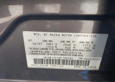 2008 Mazda Mazda3 I from USA, damaged, VIN JM1BK12FX81790584